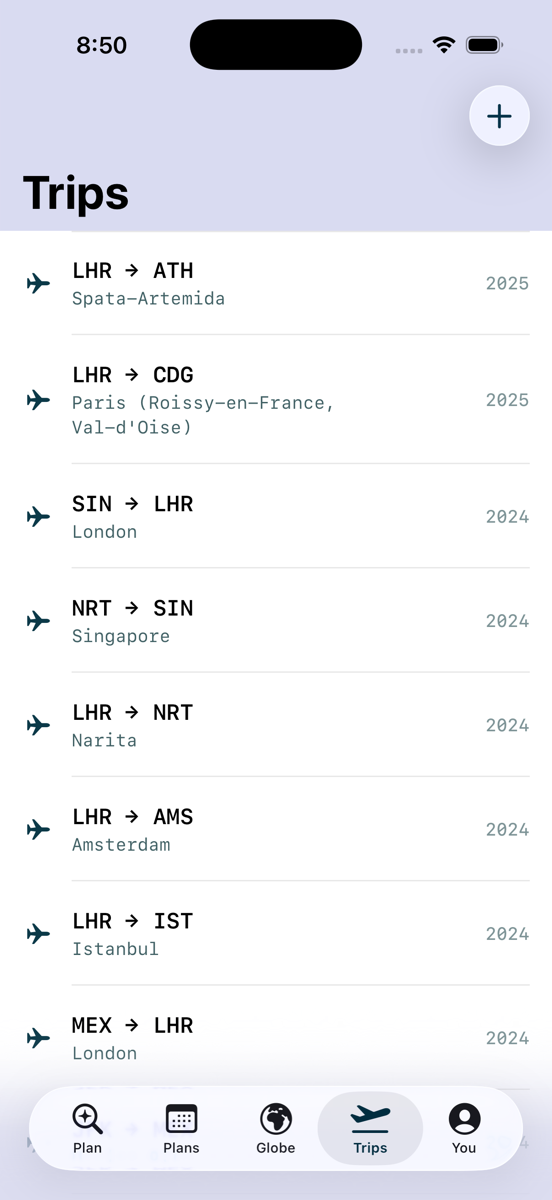 The QuietPin trips list showing flights between London, Athens, Paris, Singapore and Tokyo.